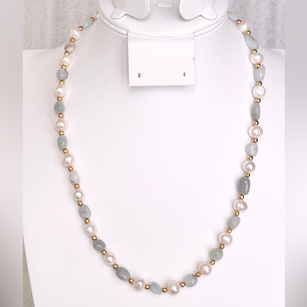 White Freshwater Pearl & Aquamarine Stones 18K GP Necklace